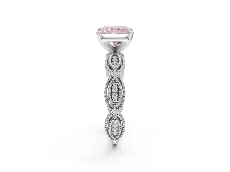 Radiant Cut Vintage Milgrain Engagement Ring Setting for a Fancy Pink Lab-Grown Diamond | Graduated Stations | Platinum