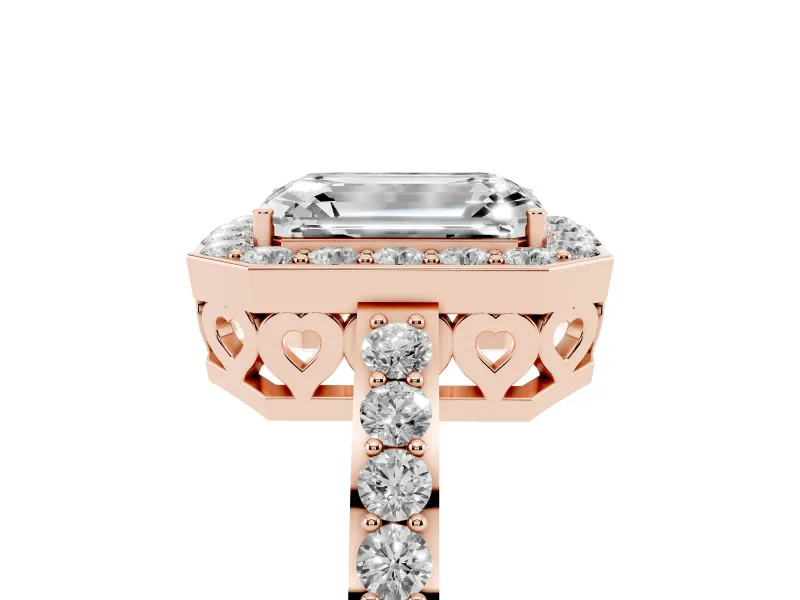 Emerald Cut Diamond Halo Ring Set in Rose gold with Pavé-Setting Band and Open Prong Center
