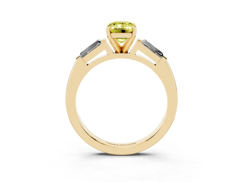 Emerald Cut Three Stone Engagement Ring Setting for a Fancy Yellow Lab-Grown Diamond | Tapered Baguettes | Yellow Gold