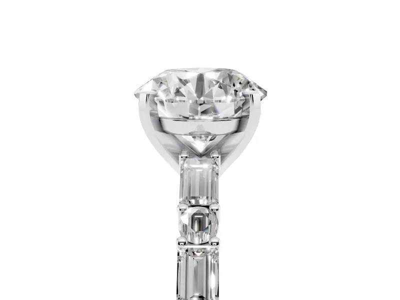 Round Cut Diamond Solitaire Set in Platinum with Side Baguettes and Channel Set Band