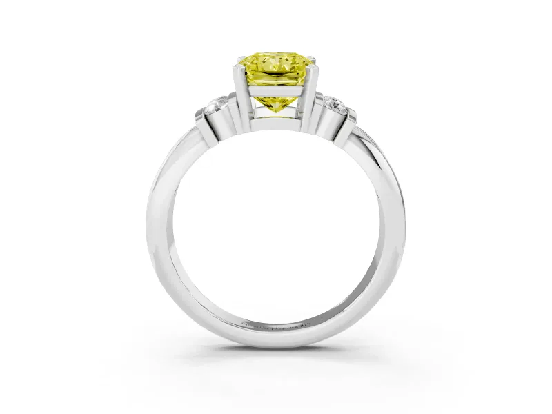 Fancy Yellow Three-Stone Radiant Cut Diamond Channel Set Ring Set in White gold with Bar Prongs