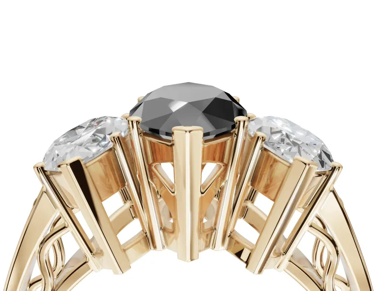 Fancy Black Marquise Lab-Grown Diamond Three-Stone Ring Set in Yellow Gold with Textured Band