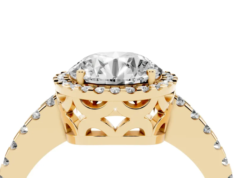 Round Halo Engagement Ring Setting | Half Pave Band | Yellow Gold