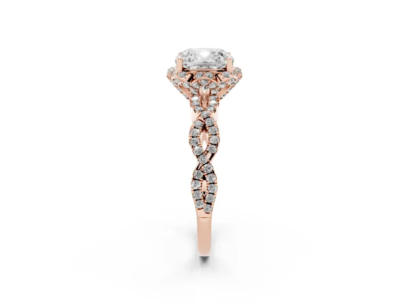Cushion Cut Diamond Halo Twist Band Solitaire Ring Set in Rose gold with Prong-Set Center Stone