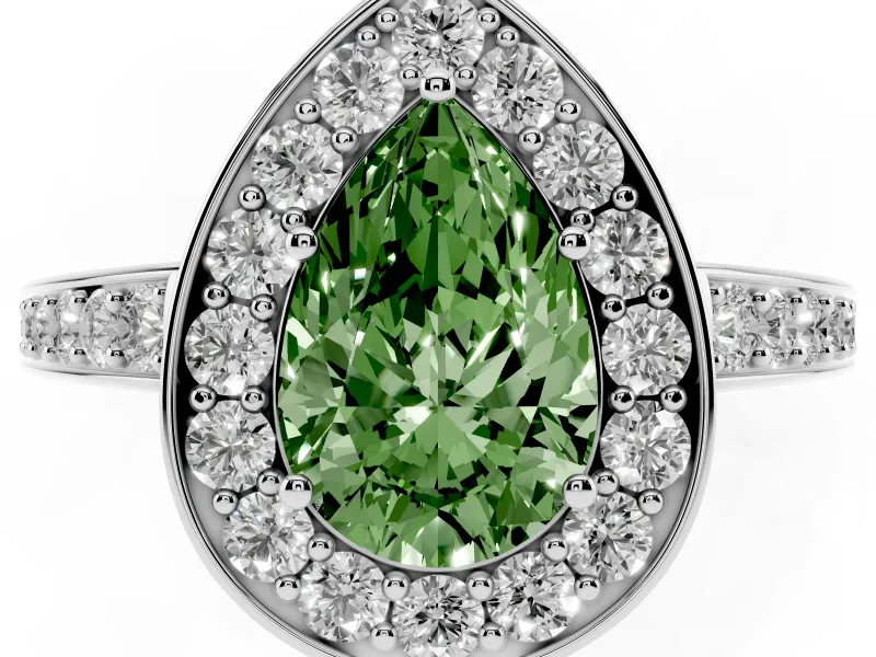 Fancy Green Pear Cut Diamond Halo Pavé Engagement Ring Set in White gold with Bezel Setting