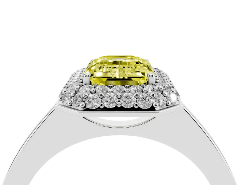 Fancy Yellow Emerald Cut Diamond Halo Engagement Ring Set in Platinum with Solitaire Band and Prong Setting
