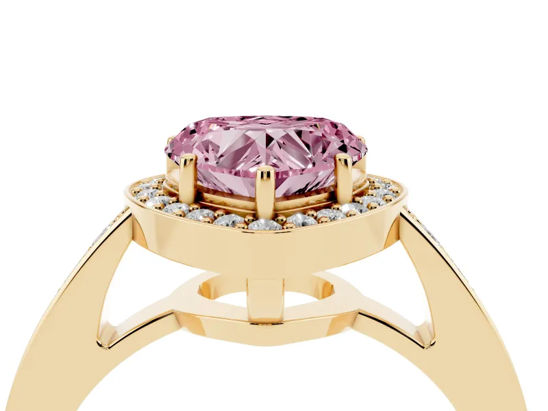 Fancy Pink Heart Cut Diamond Halo Pavé Engagement Ring Set in Yellow gold with Bezel Setting