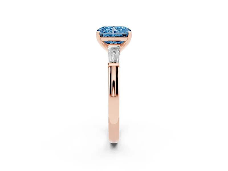 Radiant Cut Three Stone Engagement Ring Setting for a Fancy Blue Lab-Grown Diamond | Tapered Baguettes | Rose Gold