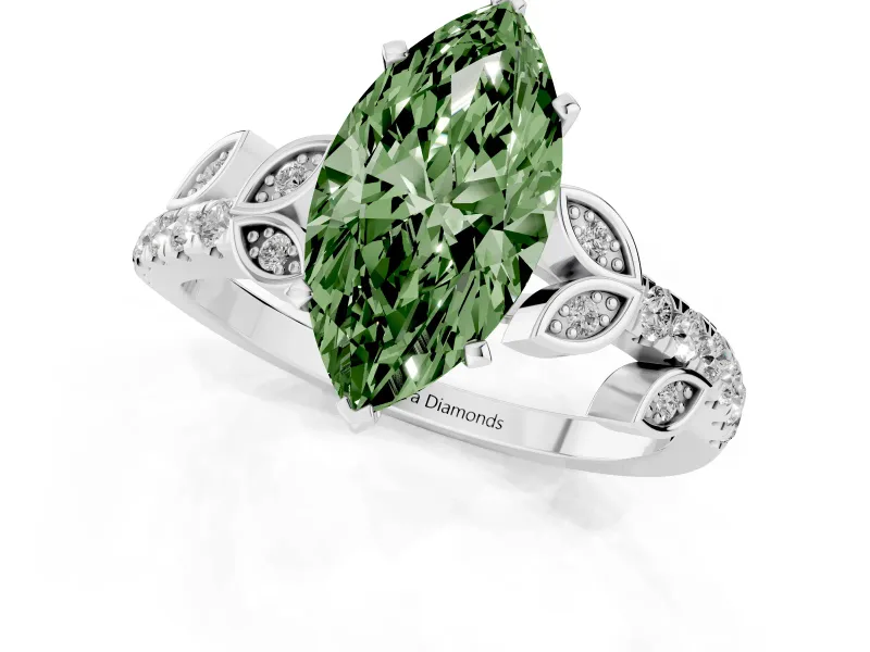 Fancy Green Marquise Cut Diamond Solitaire Leaf-Inspired Ring Set in Platinum with Pavé Band and Prong Setting