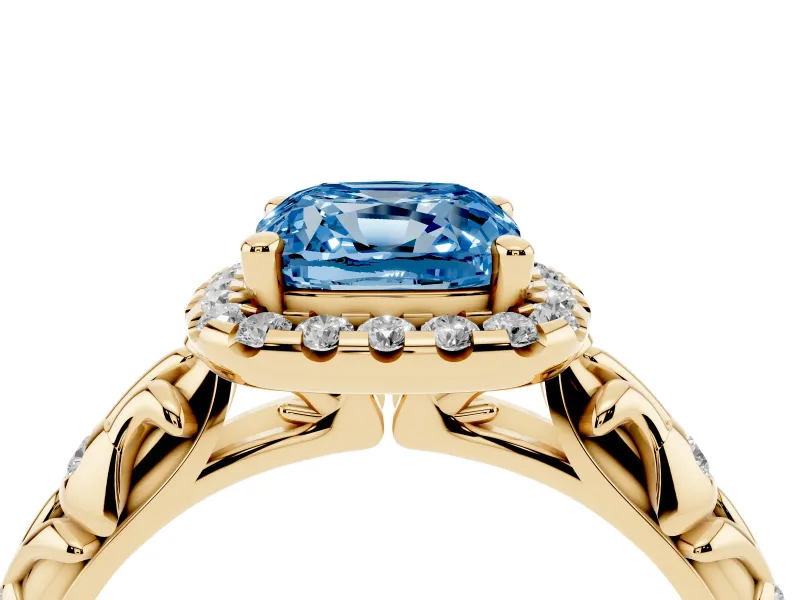 Cushion Cut Leaf Halo Engagement Ring Setting for a Fancy Blue Lab-Grown Diamond | Bezel Accents | Yellow Gold