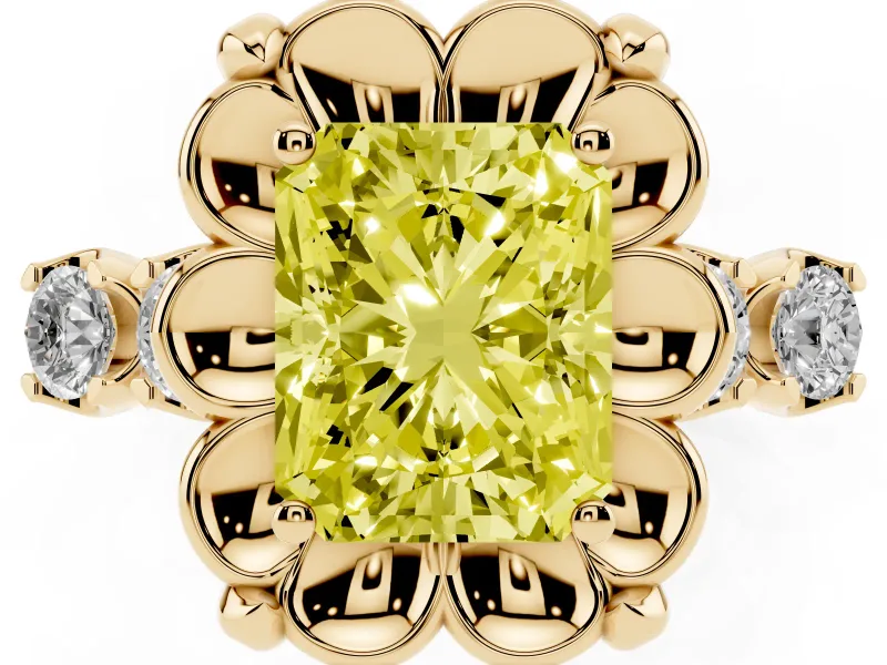 Fancy Yellow Radiant Cut Diamond Floral Halo Ring Set in Yellow gold with Shared Prong Band