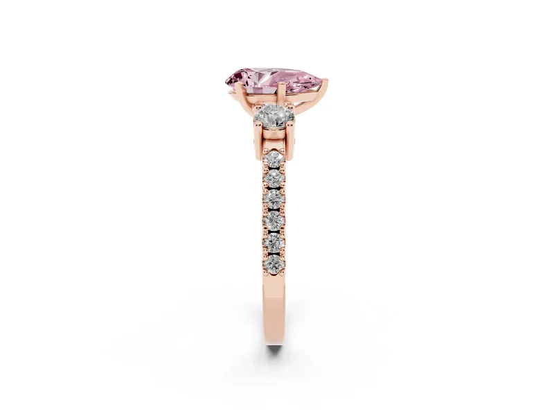 Pear-Shaped Three Stone Pavé Engagement Ring Setting for a Fancy Pink Lab-Grown Diamond | Round Side Stones | Rose Gold