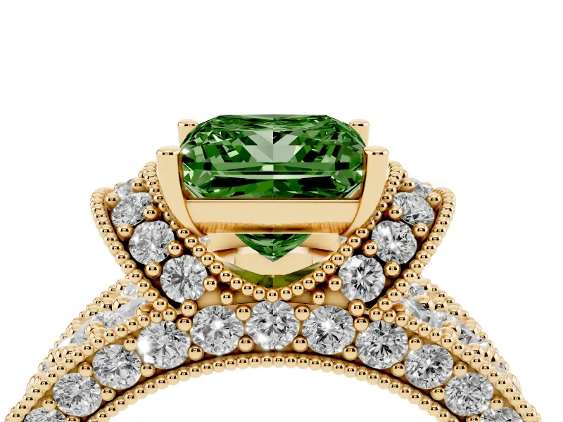 Princess Cut Vintage Pave Engagement Ring Setting for a Fancy Green Lab-Grown Diamond | Milgrain Edges | Yellow Gold