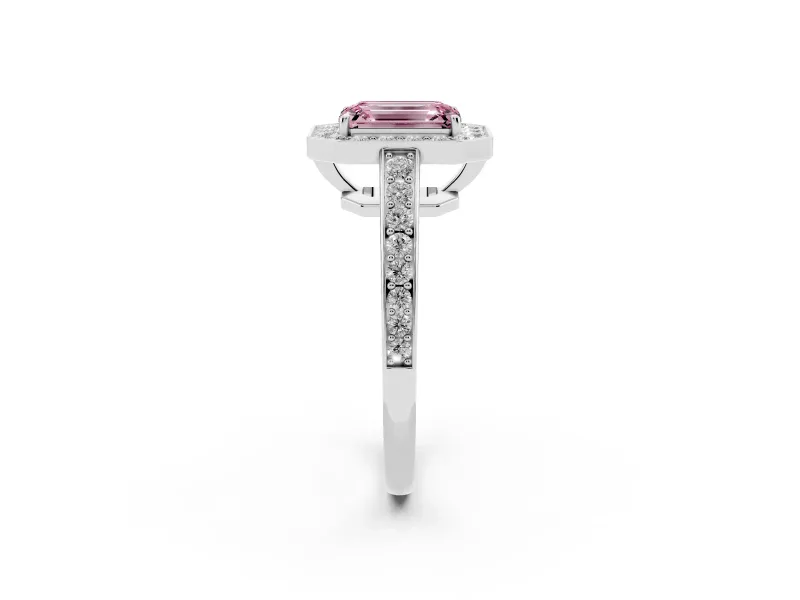 Fancy Pink Emerald Cut Diamond Halo Pavé Engagement Ring Set in Silver with Bezel Setting