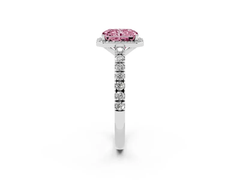 Fancy Pink Radiant Cut Diamond Halo Engagement Ring Set in Silver with Pavé Band and Prong Setting