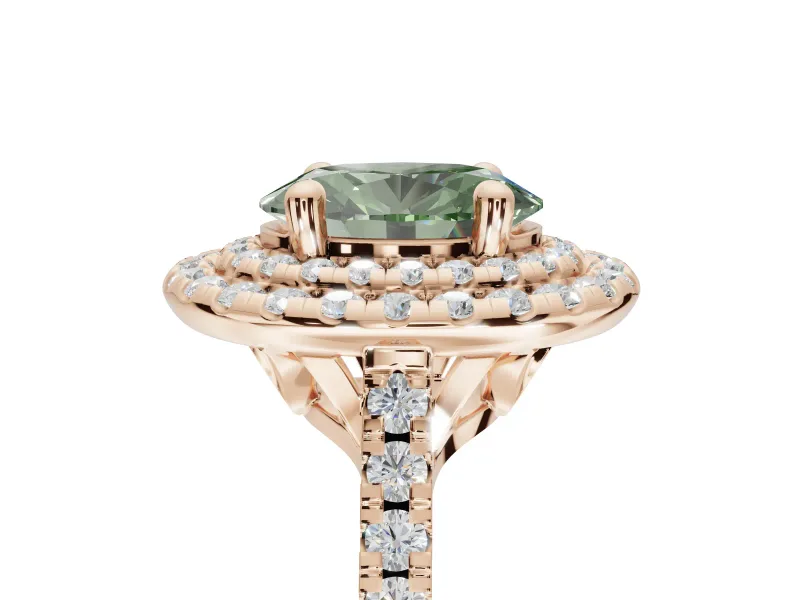 Fancy Green Oval Lab-Grown Diamond Double Halo Statement Ring Set in Rose Gold with Pavé Band