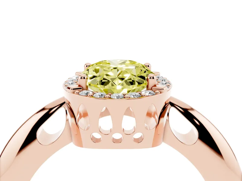Fancy Yellow Oval Cut Diamond Halo Engagement Ring Set in Rose gold with Plain Split Shank and Prong Setting