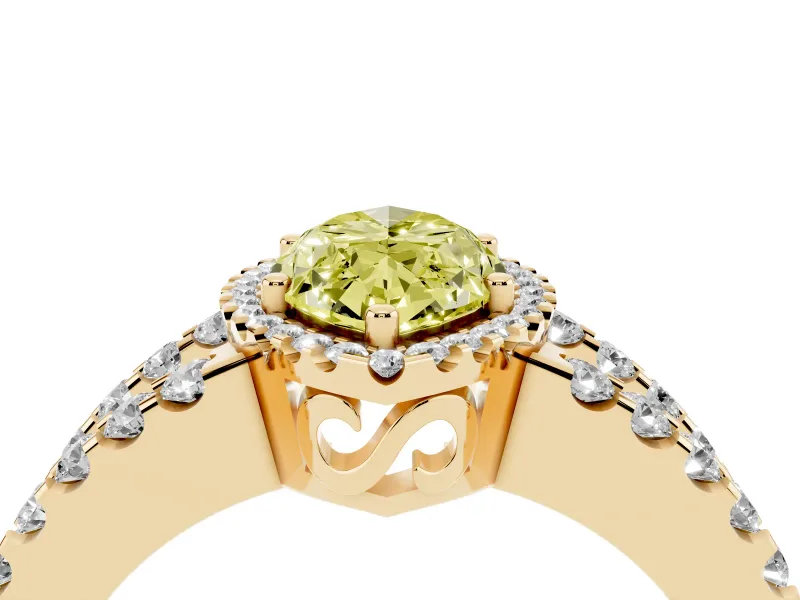 Fancy Yellow Marquise Cut Diamond Halo Ring Set in Yellow gold with Pavé Split Shank and Prong Setting