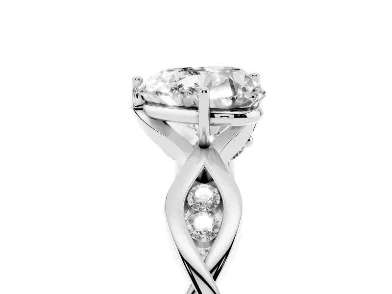 Heart Cut Diamond Twist Band Solitaire Ring Set in Platinum with Leaf Prong Setting and Accent Stones