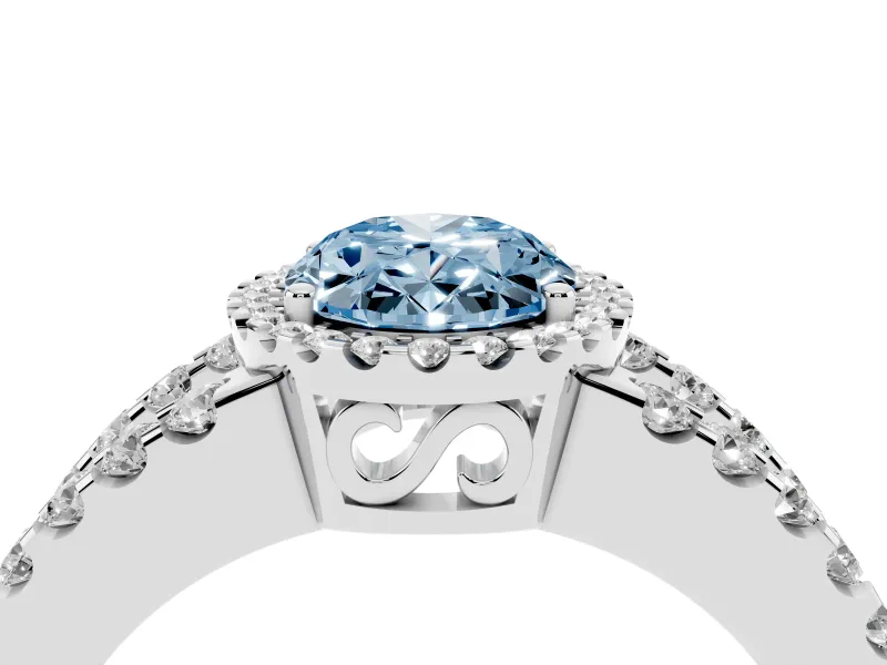 Fancy Blue Oval Cut Diamond Halo Ring Set in Platinum with Pavé Split Shank and Prong Setting