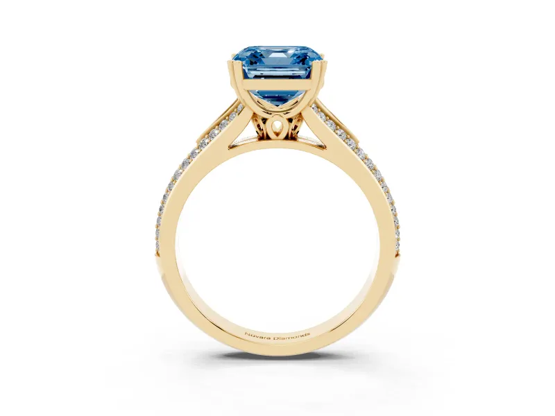 Asscher Cut Split Shank Engagement Ring Setting for a Fancy Blue Lab-Grown Diamond | Pave Band | Yellow Gold