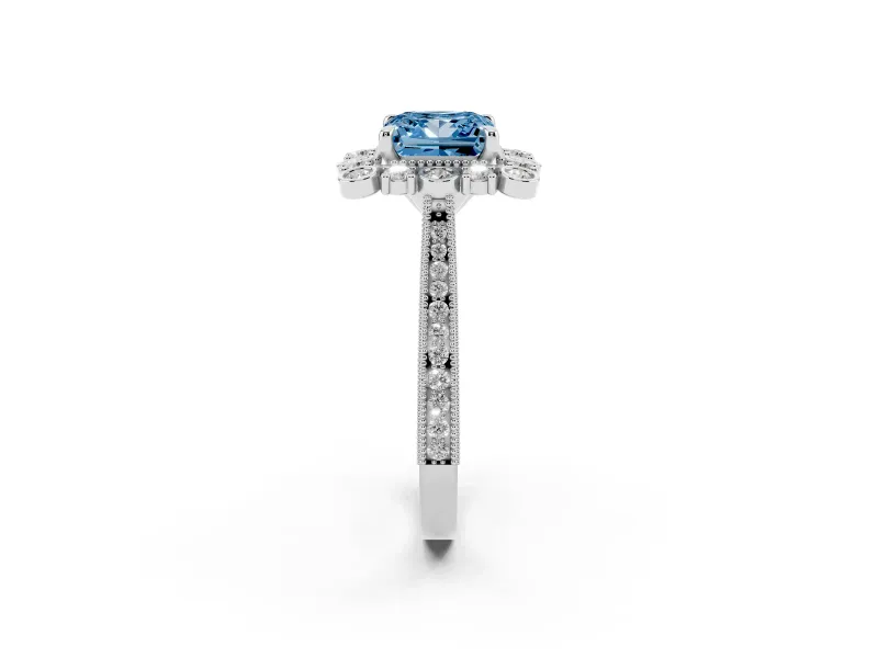 Princess Cut Scalloped Halo Engagement Ring Setting for a Fancy Blue Lab-Grown Diamond | Milgrain Edges | White Gold