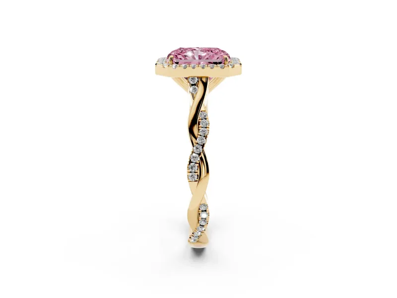 Radiant Cut Twist Halo Engagement Ring Setting for a Fancy Pink Lab-Grown Diamond | Yellow Gold