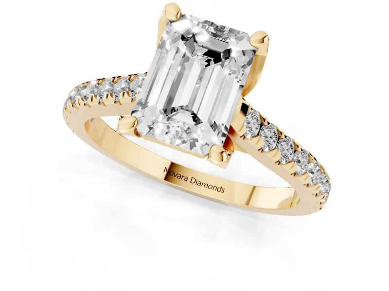 Emerald Cut Hidden Halo Pave Engagement Ring Setting | Claw Prongs | Yellow Gold
