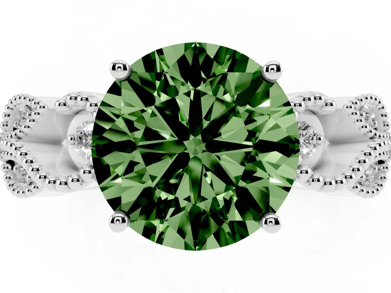 Fancy Green Round Cut Diamond Milgrain Leaf Band Solitaire Ring Set in Silver with Accent Stones and Prong Setting