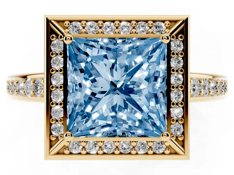 Princess Cut Sectioned Halo Engagement Ring Setting for a Fancy Blue Lab-Grown Diamond | Yellow Gold