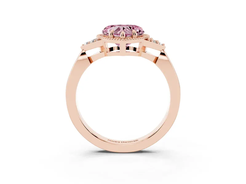 Fancy Pink Heart Cut Diamond Milgrain Solitaire Ring Set in Rose gold with Tapered Pavé Band and Prong Setting