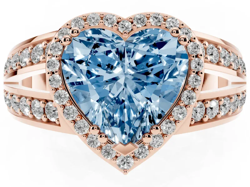 Heart-Shaped Halo Engagement Ring Setting for a Fancy Blue Lab-Grown Diamond | Two-Row Pave Split Shank | Rose Gold