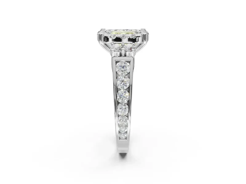 Cushion Cut Halo Engagement Ring Setting for a Fancy Yellow Lab-Grown Diamond | Graduated Channel Band | White Gold