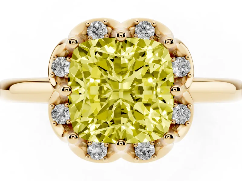 Cushion Cut Petal Halo Engagement Ring Setting for a Fancy Yellow Lab-Grown Diamond | Yellow Gold