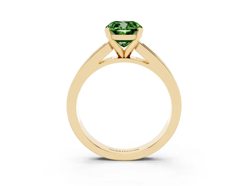 Fancy Green Cushion Cut Diamond Solitaire Ring Set in Yellow gold with Channel-Set Band and Prong Setting