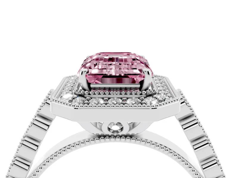 Emerald Cut Graduated Milgrain Halo Engagement Ring Setting for a Fancy Pink Lab-Grown Diamond | Platinum