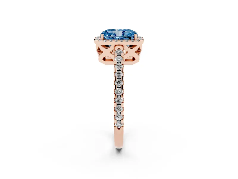 Radiant Cut Pave Halo Engagement Ring Setting for a Fancy Blue Lab-Grown Diamond | Rose Gold