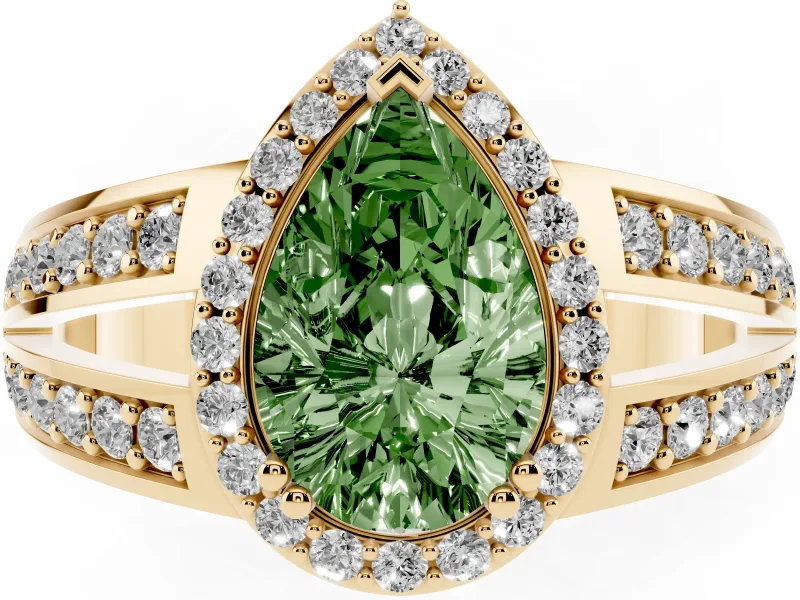 Pear-Shaped Halo Engagement Ring Setting for a Fancy Green Lab-Grown Diamond | Two-Row Pave Split Shank | Yellow Gold