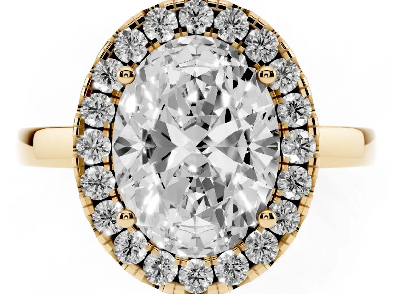 Oval Cut Diamond Halo Solitaire Ring Set in Yellow gold with Pavé Band and Prong Setting