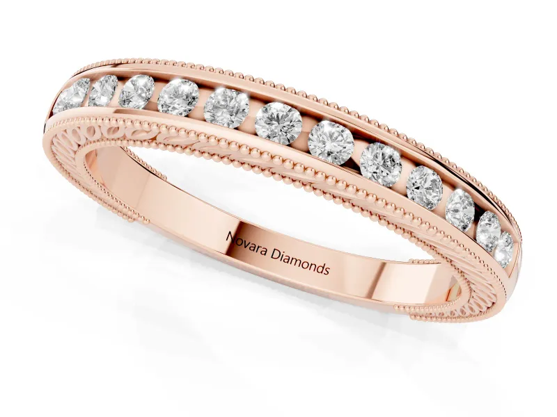 Round Lab-Grown Diamond Vintage Channel Set Wedding Band | Carved Leaf Sides | Rose Gold