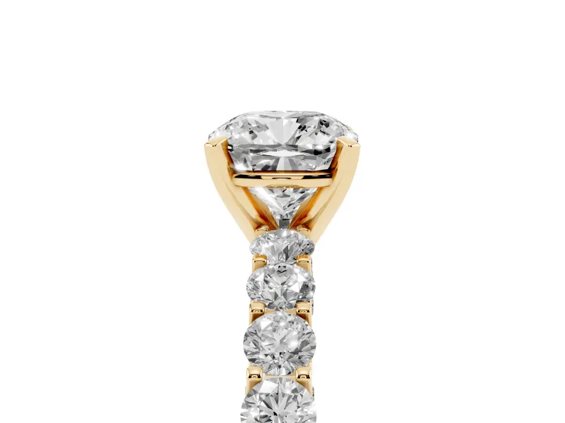 Cushion Cut Shared Prong Engagement Ring Setting | Two-Row Band | Yellow Gold