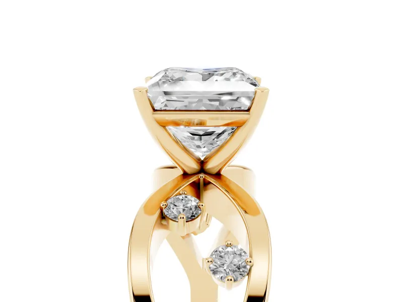 Princess Cut Diamond Solitaire Ring Set in Yellow gold with Side Stones on Criss-Cross Band and Prong Setting