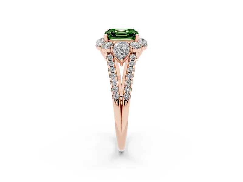 Fancy Green Asscher Cut Diamond Halo Split Shank Engagement Ring Set in Rose gold with Prong-Held Center Stone