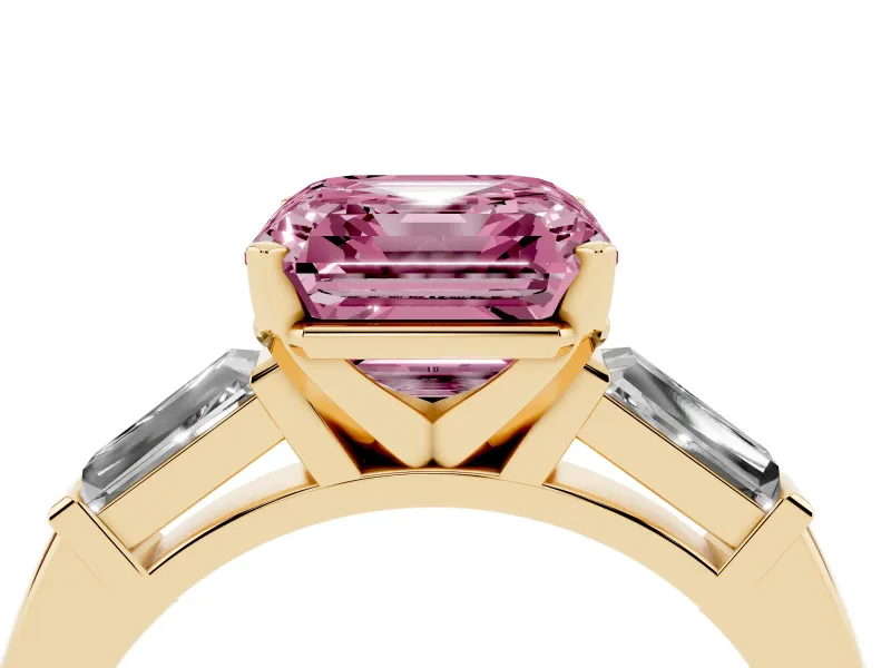 Fancy Pink Asscher Cut Diamond Solitaire Ring Set in Yellow gold with Tapered Baguette Side Stones and Prong Setting
