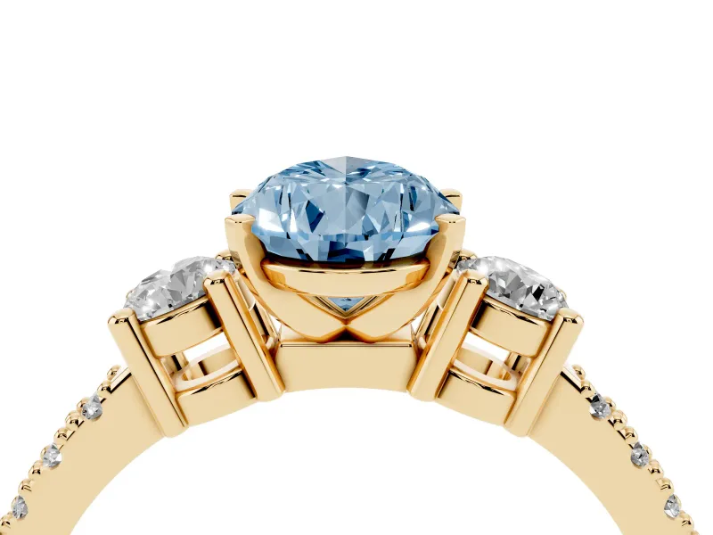 Fancy Blue Three-Stone Pear Cut Diamond Pavé Band Ring Set in Yellow gold with Prong Setting