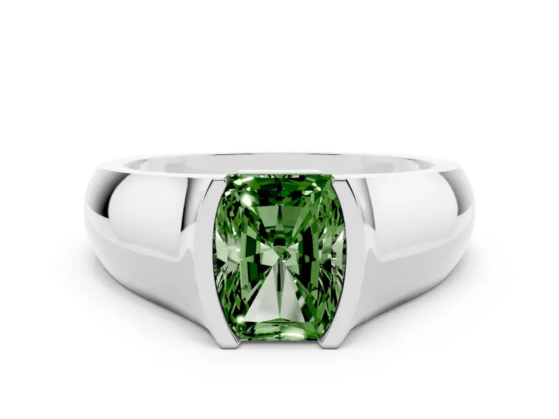 Fancy Green Radiant Cut Diamond Bezel Solitaire Ring Set in White gold with Wide Band