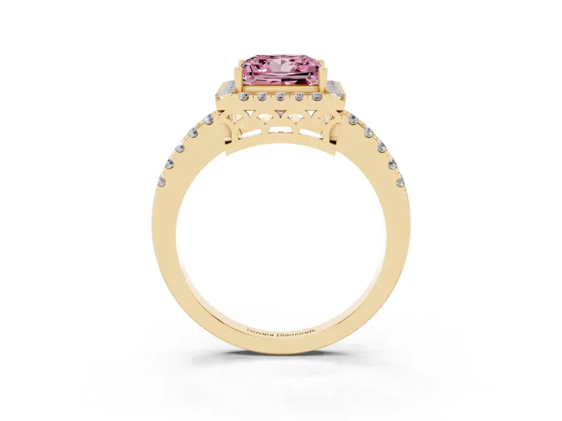 Princess Cut Halo Engagement Ring Setting for a Fancy Pink Lab-Grown Diamond | Shared Prong Pavé Band | Yellow Gold