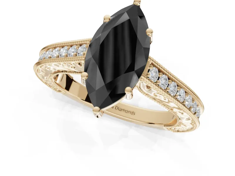 Marquise Vintage Pavé Engagement Ring Setting for a Black Center | Yellow Gold