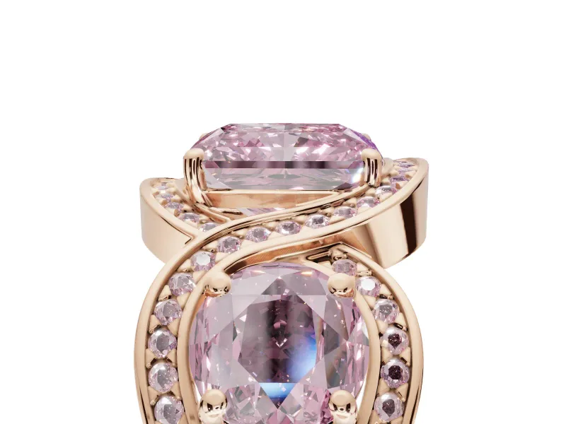 Radiant Cut Three Stone Halo Engagement Ring Setting for a Fancy Pink Lab-Grown Diamond | Pavé Wave Band | Rose Gold