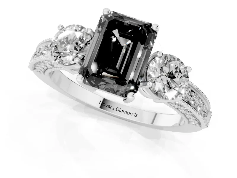 Fancy Black Emerald Cut Diamond Three-Stone Ring Set in Silver with Round Side Stones and Pavé Band